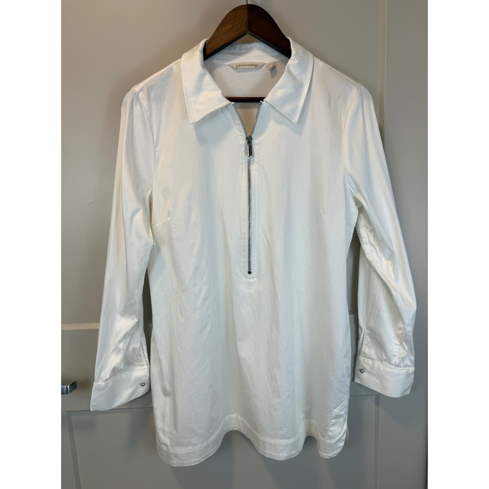 Soft Surroundings Pullover Cotton Collared Half Zip Tunic Top Pearl Cuffs Size M